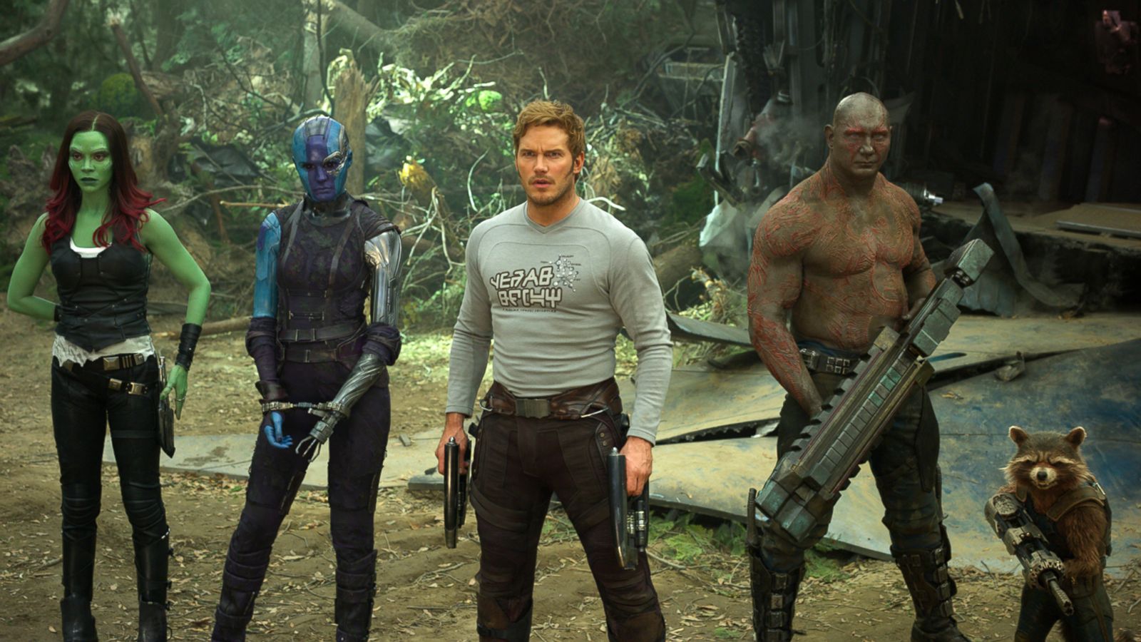 PHOTO: Zoe Saldana, left, Karen Gillan, Chris Pratt, Dave Bautista and Rocket, voiced by Bradley Cooper, in a scene from, "Guardians Of The Galaxy Vol. 2."