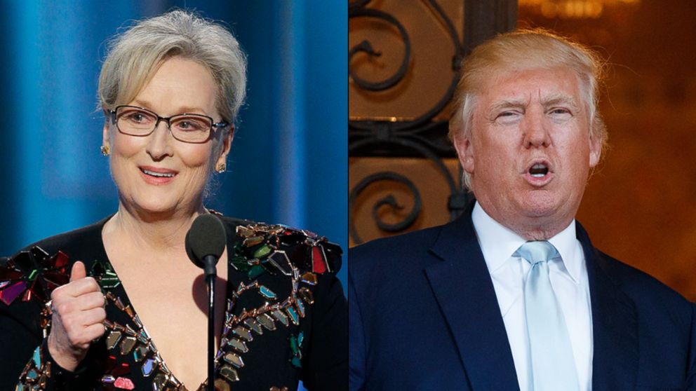 Meryl Streep accepting the Cecil B. DeMille Award at the 74th Annual Golden Globe Awards at the Beverly Hilton Hotel in Beverly Hills, California, on Jan. 8, 2017 | President-elect Donald Trump speaks to reporters at Mar-a-Lago in Palm Beach, Florida, on Dec. 28, 2016.