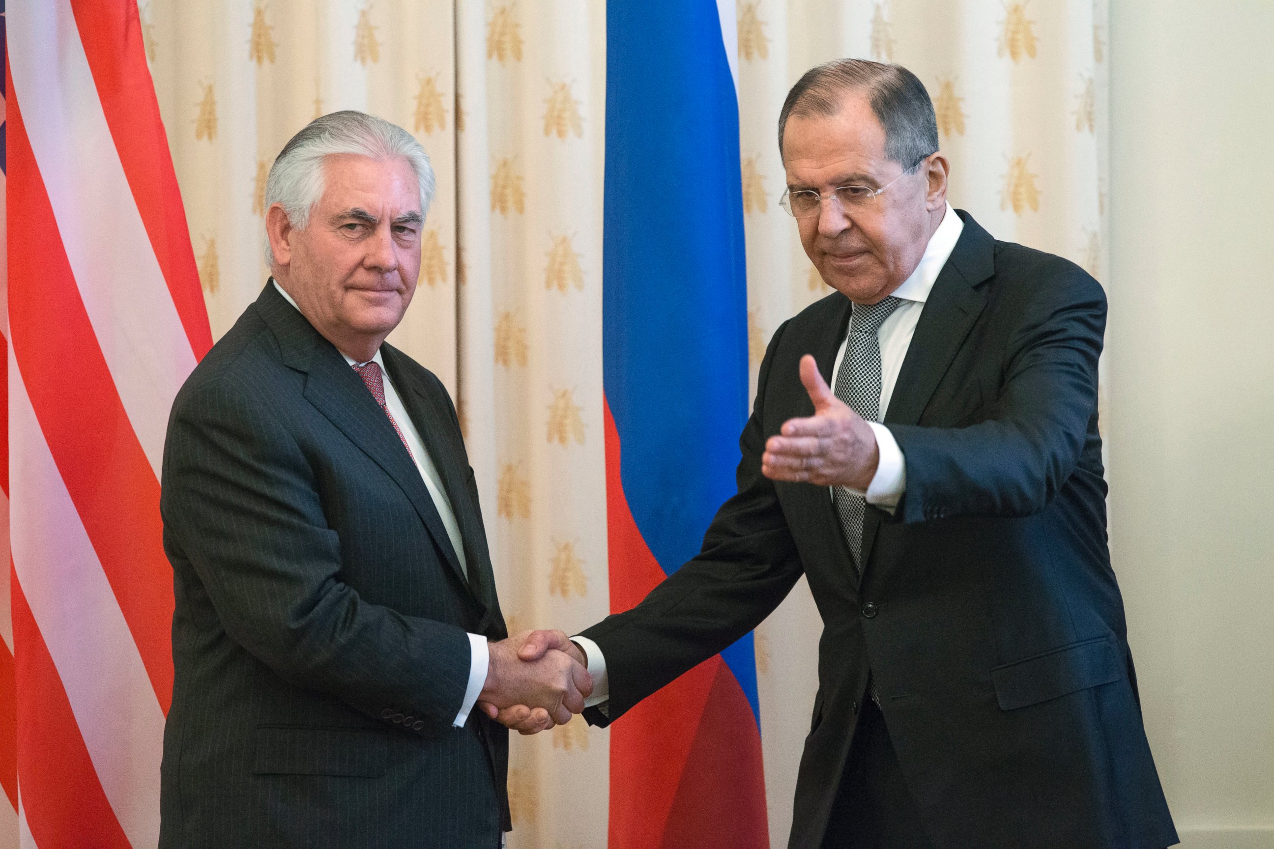 PHOTO: US Secretary of State Rex Tillerson and Russian Foreign Minister Sergey Lavrov, shakes hands prior to their talks in Moscow, April 12, 2017.