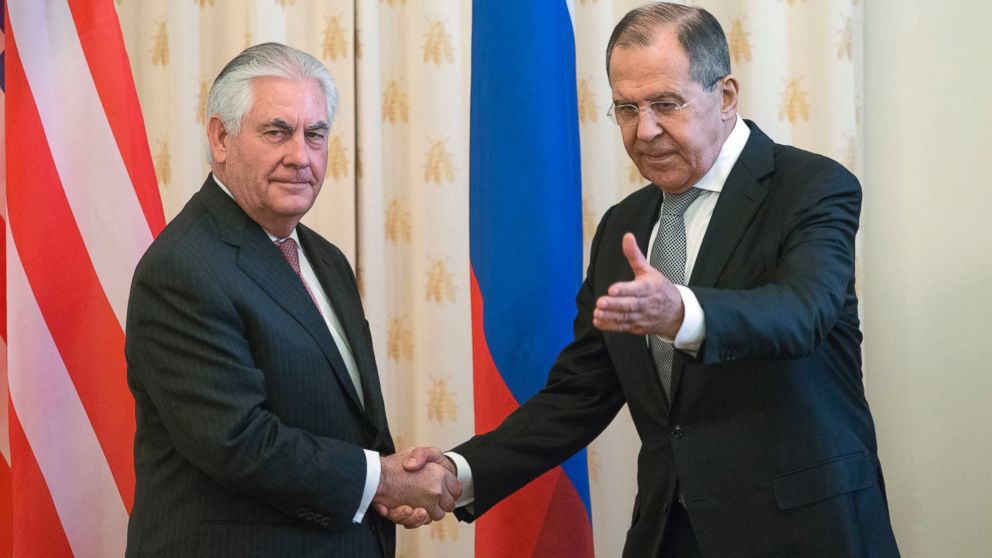 PHOTO: US Secretary of State Rex Tillerson and Russian Foreign Minister Sergey Lavrov, shakes hands prior to their talks in Moscow, April 12, 2017.