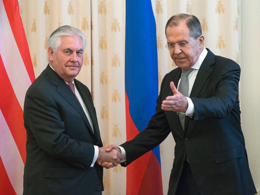 PHOTO: US Secretary of State Rex Tillerson and Russian Foreign Minister Sergey Lavrov, shakes hands prior to their talks in Moscow, April 12, 2017.