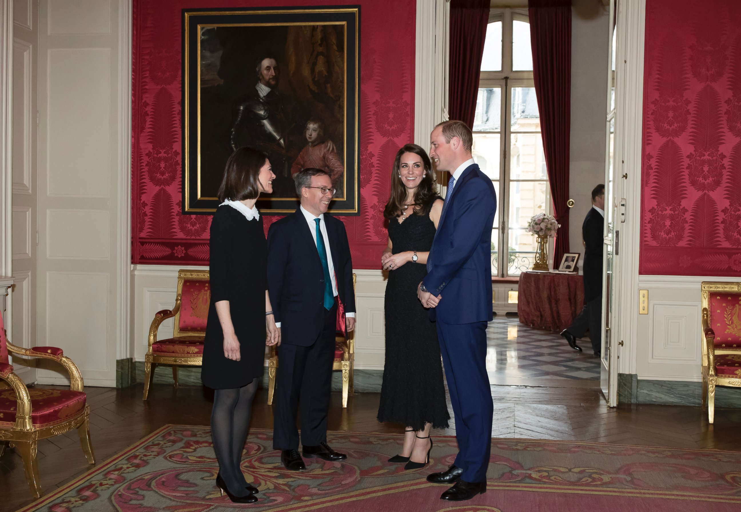 PHOTO: Britain's ambassador to France, Lord Ed Llewellyn, second left, and his wife Anne, greet Prince William and Kate, Duchess of Cambridge as they arrive for a reception at the British embassy in Paris, March 17, 2017.
