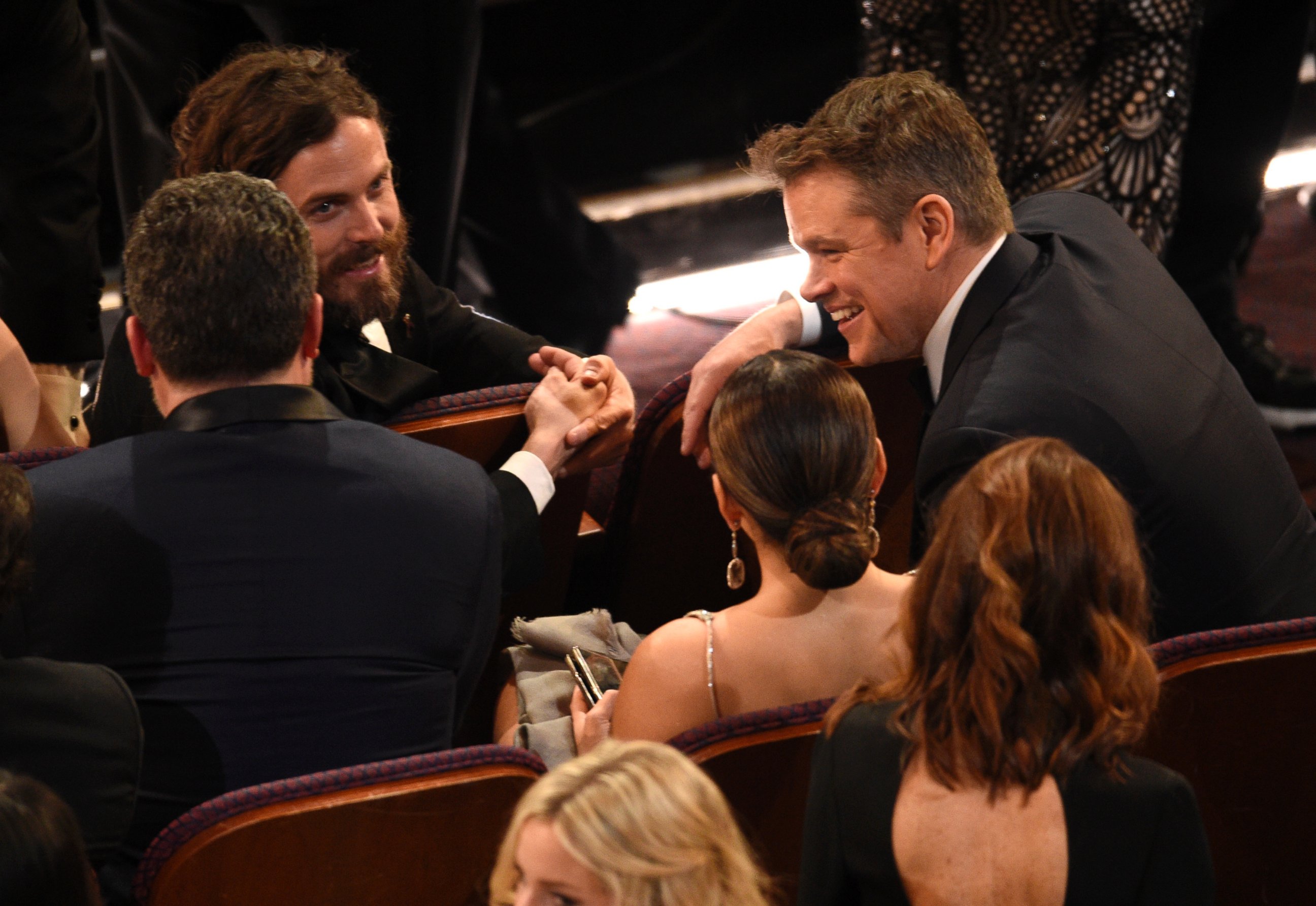 PHOTO: Ben Affleck, left, Casey Affleck and Matt Damon appear in the audience at the 89th Academy Awards, Feb. 26, 2017. 