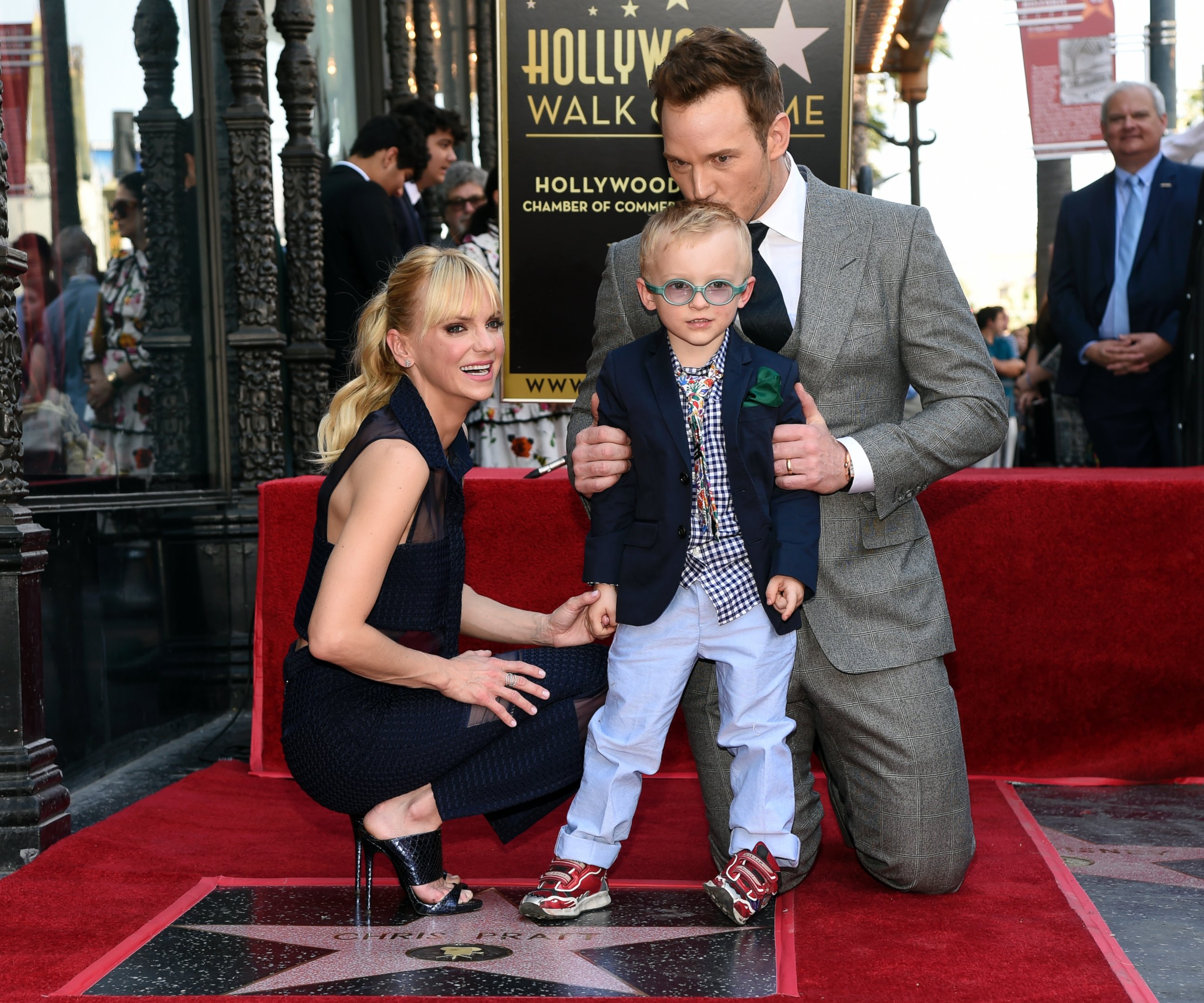 PHOTO: Chris Pratt, right, is joined by his wife, actress Anna Faris and their son Jack during a ceremony to award Pratt a star on the Hollywood Walk of Fame on Friday, April 21, 2017, in Los Angeles.