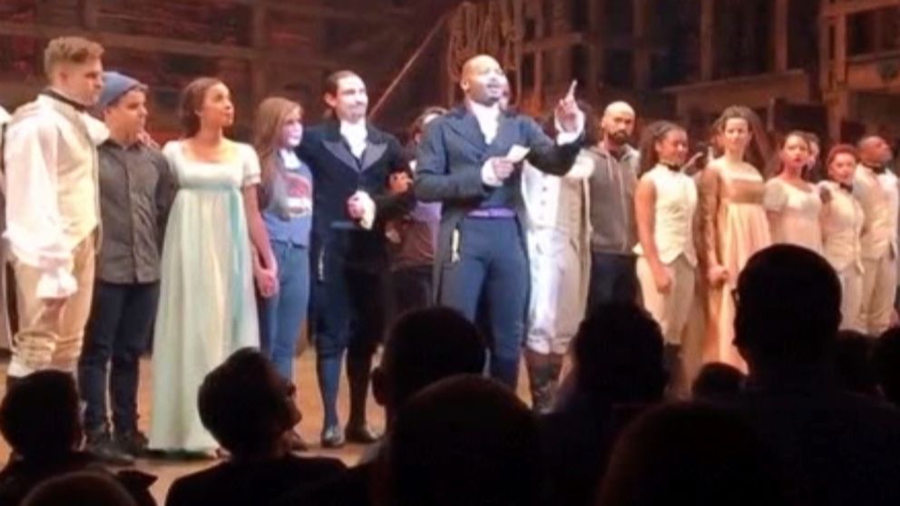 PHOTO: Actor Brandon Victor Dixon who plays Arron Burr, the nation's third vice president, in "Hamilton" speaks from the stage after the curtain call in New York, Nov. 18, 2016. 