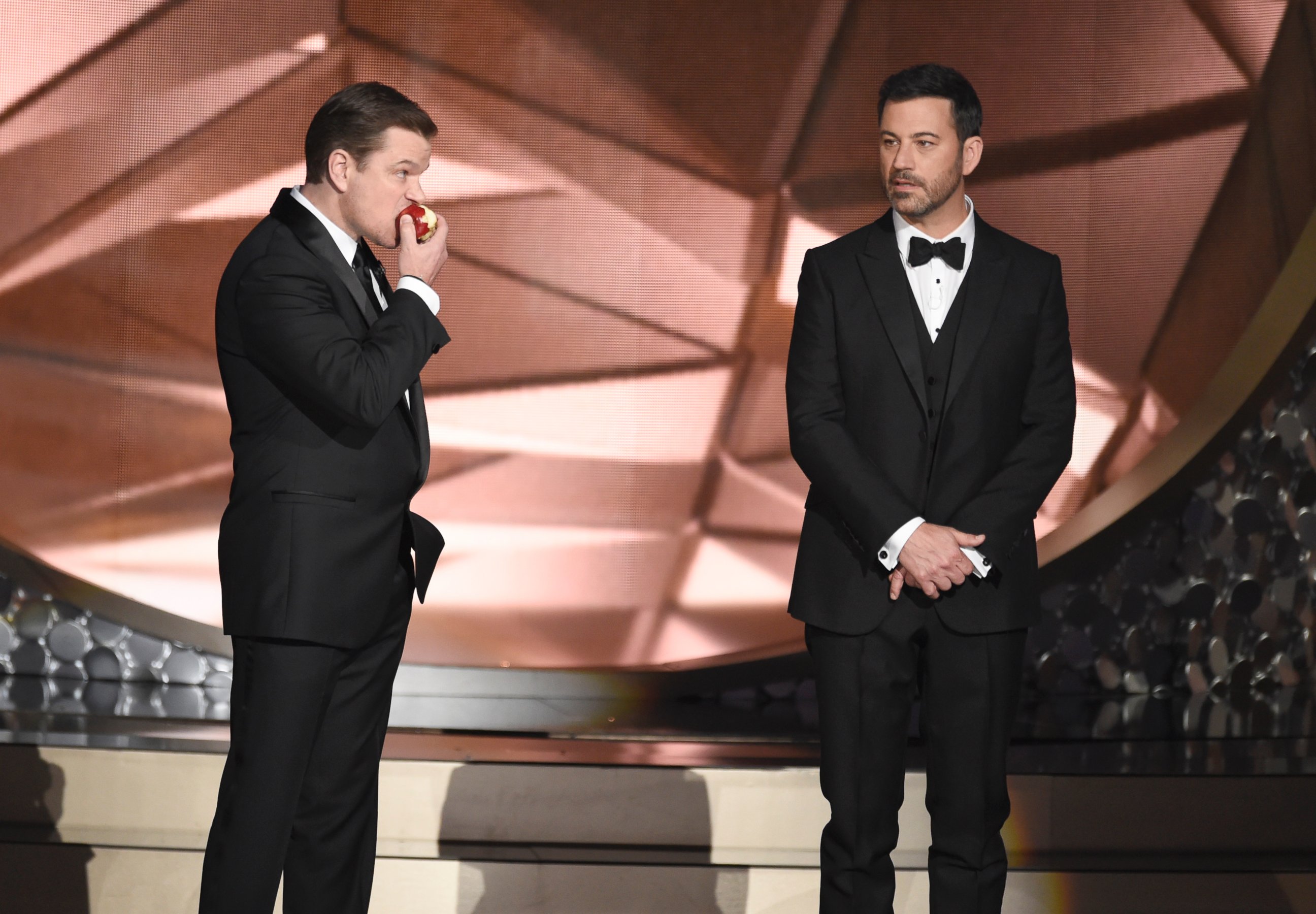 PHOTO: Matt Damon, left, and host Jimmy Kimmel appear on stage at the 68th Primetime Emmy Awards, Sept. 18, 2016, at the Microsoft Theater in Los Angeles.