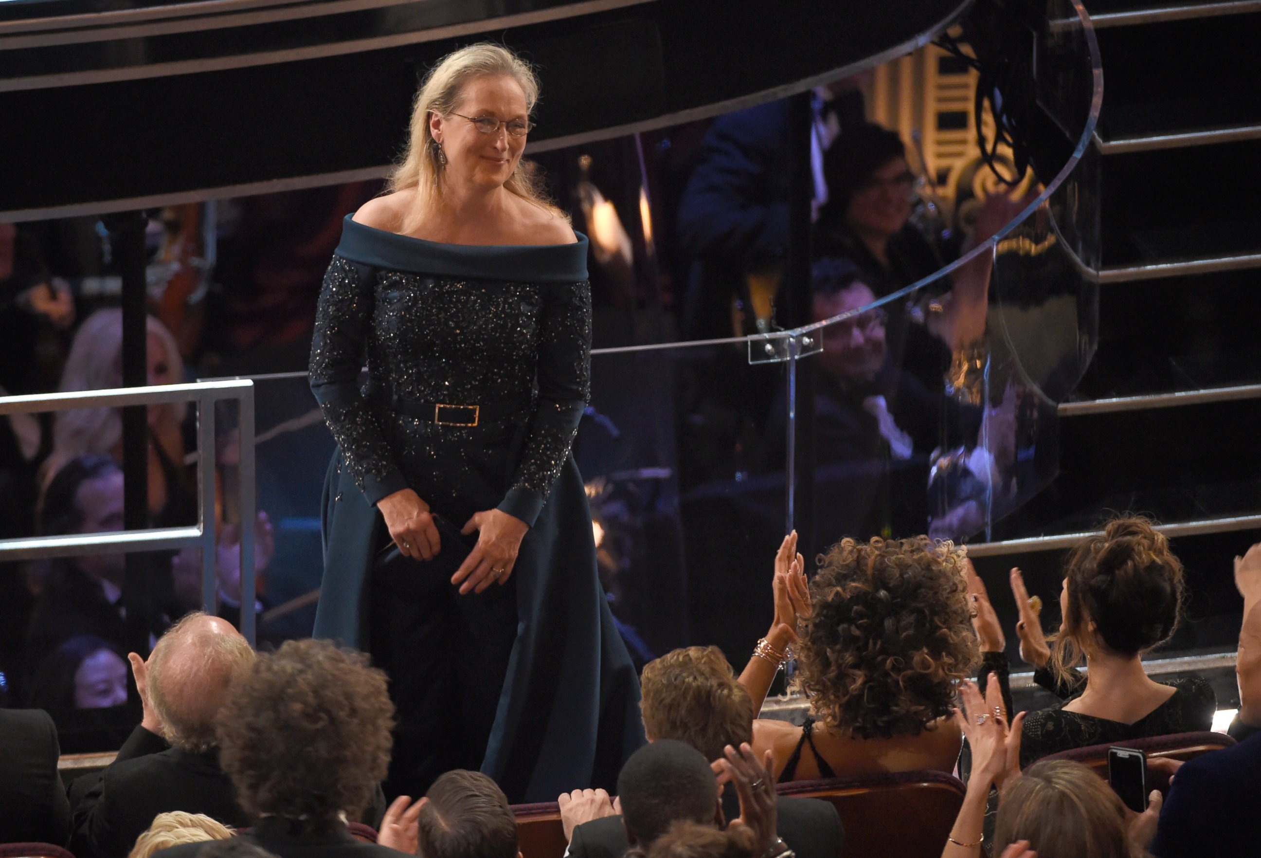 PHOTO: Meryl Streep stands for applause at the Oscars, Feb. 26, 2017, at the Dolby Theatre in Hollywood, Calif. 