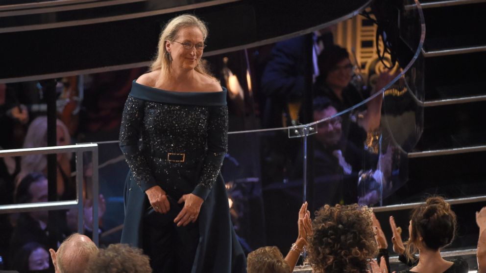 PHOTO: Meryl Streep stands for applause at the Oscars, Feb. 26, 2017, at the Dolby Theatre in Hollywood, Calif. 