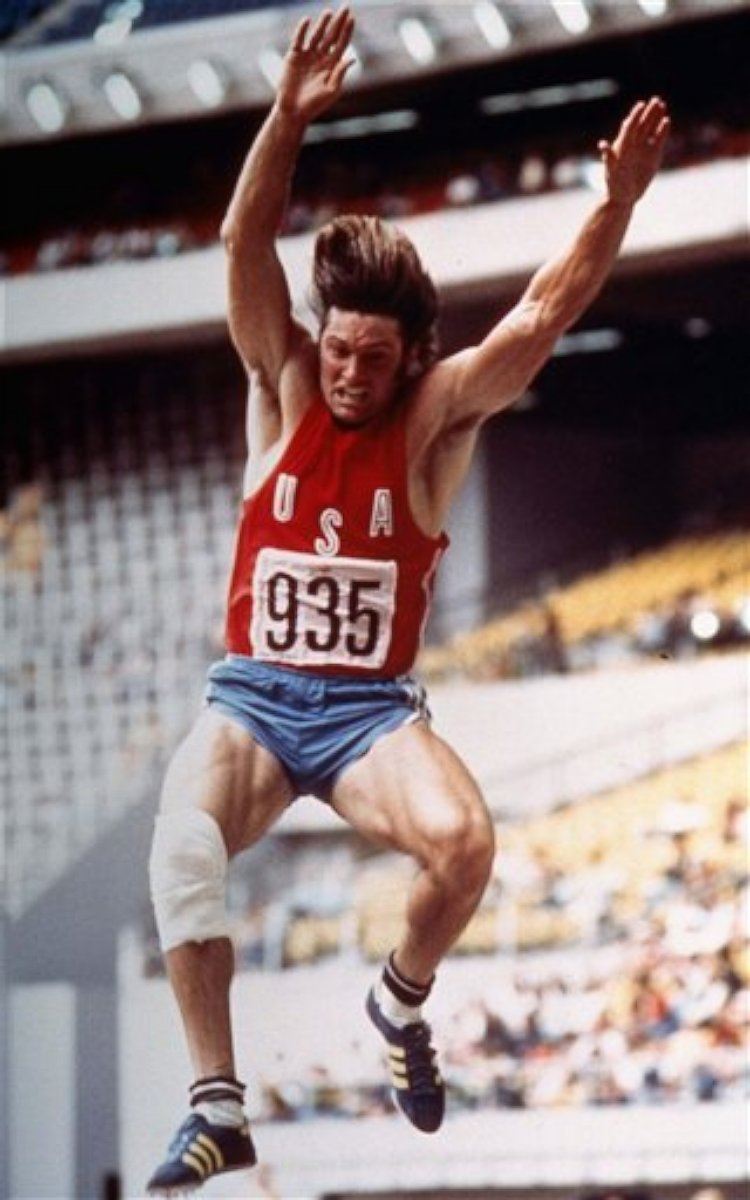 PHOTO: This July 26, 1976 file photo shows Bruce Jenner competing during the long jump event in the decathlon at the Summer Olympic games in Montreal, Canada.