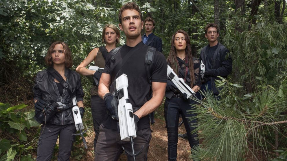 From left, Zoe Kravitz, Shailene Woodley, Theo James, Ansel Elgort, Maggie Q and Miles Teller in a scene from "The Divergent Series: Allegiant."
