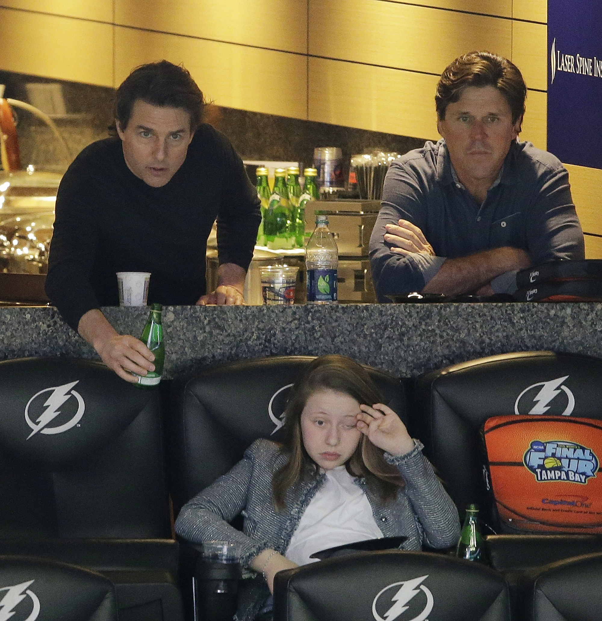 PHOTO: Actor Tom Cruise, top left, watches play between Connecticut and Maryland during the first half of the NCAA Women's Final Four tournament college basketball semifinal game, April 5, 2015, in Tampa, Fla.