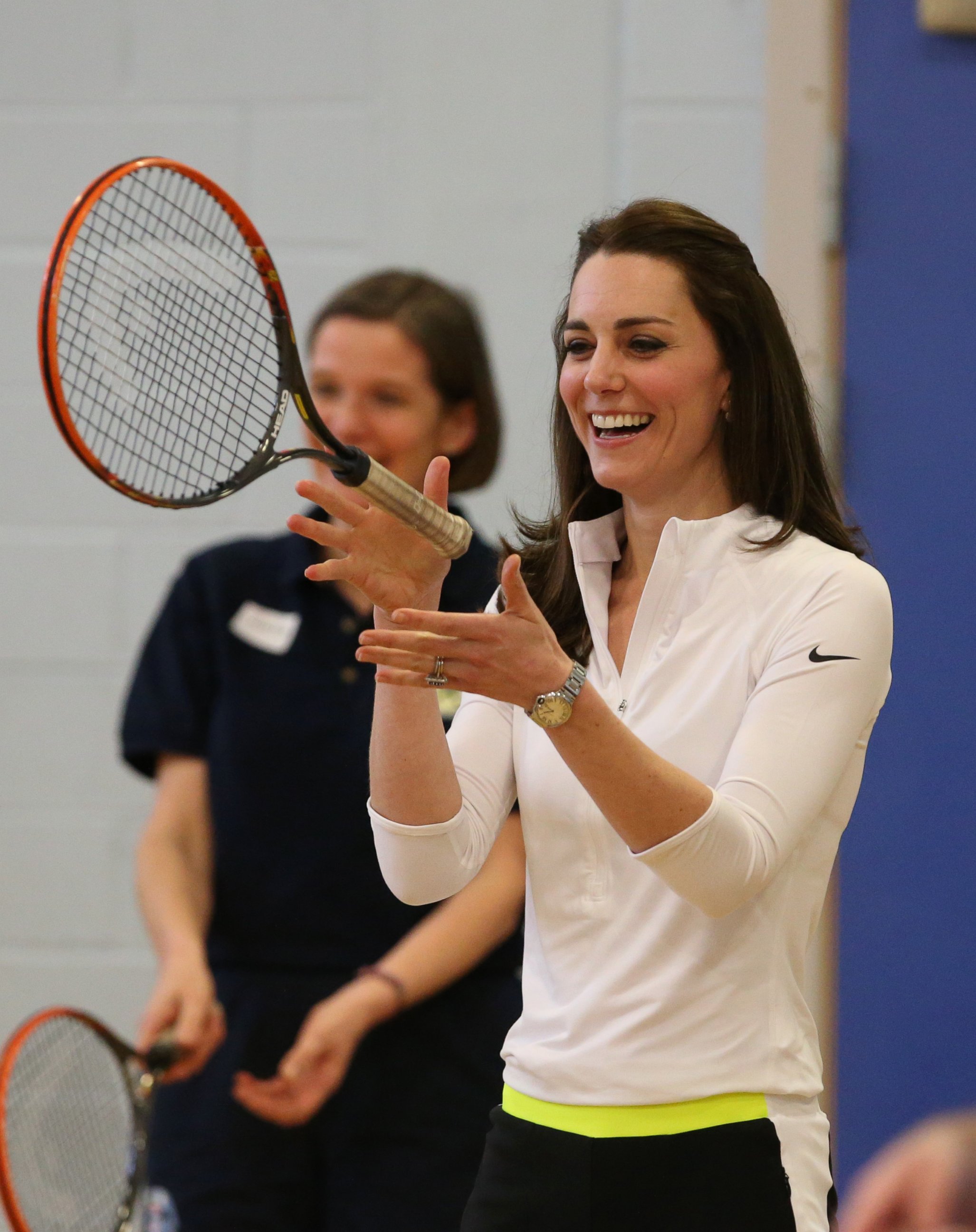 PHOTO: Kate Middleton, the Duchess of Cambridge takes part in a tennis workshop at Craigmount High School in Edinburgh, Scotland, Feb. 24, 2016. 