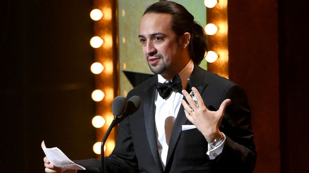 Lin-Manuel Miranda accepts the award for best original  score for "Hamilton" at the Tony Awards at the Beacon Theatre, June 12, 2016, in New York.