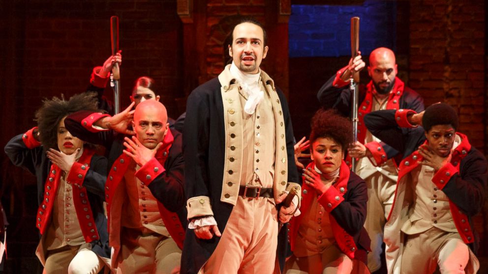 Lin-Manuel Miranda, foreground, performs with members of the cast of the musical "Hamilton" in New York. 