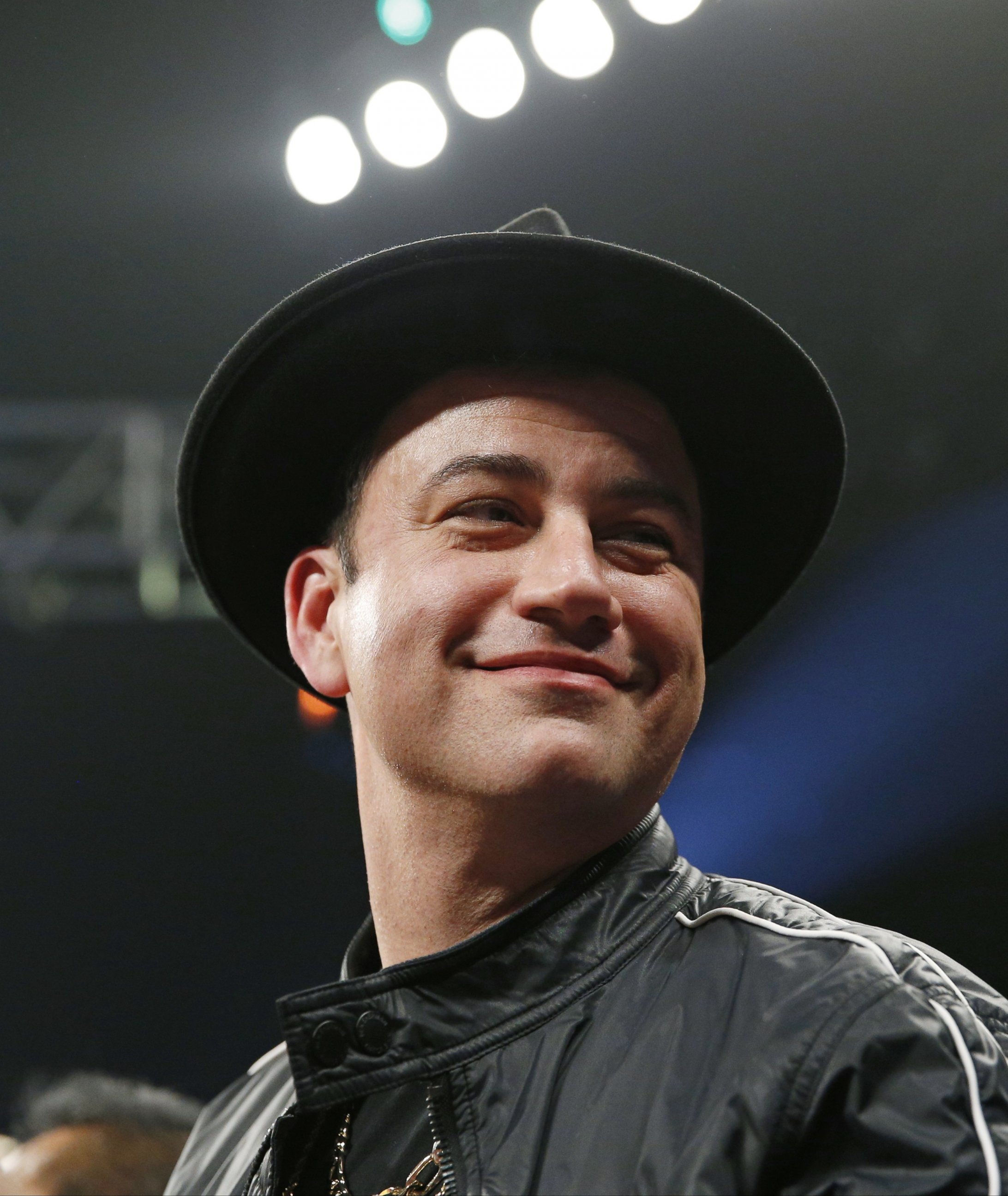 PHOTO: Comedian Jimmy Kimmel joins the crowd before the start of the world welterweight championship bout between Floyd Mayweather Jr., and Manny Pacquiao, on Saturday, May 2, 2015 in Las Vegas. 