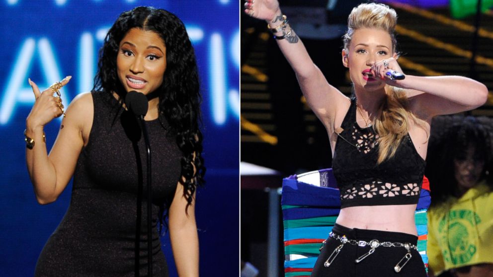 Performers Nicki Minaj (left) and Iggy Azalea appear at the BET Awards at the Nokia Theatre, June 29, 2014, in Los Angeles.