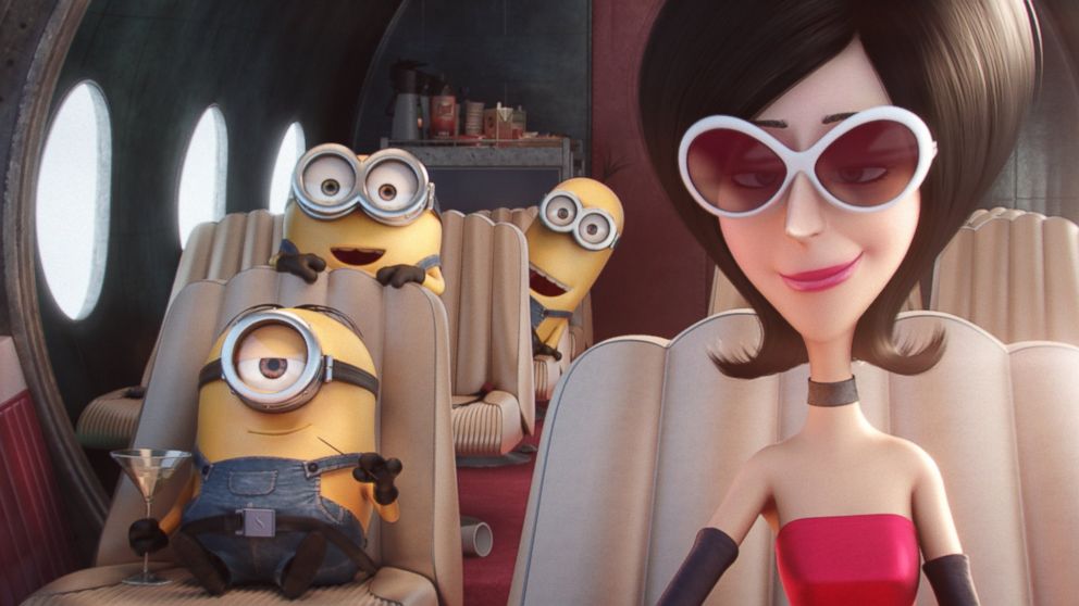 n this image characters, from left, Stuart, Bob, Kevin and Scarlet Overkill, voiced by Sandra Bullock, appear in a scene from the animated feature, "Minions."  
