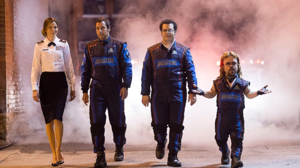 PHOTO: This photo provided by courtesy of Sony Pictures shows, Michelle Monaghan, from left, as Violet, Adam Sandler as Brenner, Josh Gad as Ludlow, and Peter Dinklage as Eddie, arriving outside the command center in Columbia Pictures' "Pixels." 