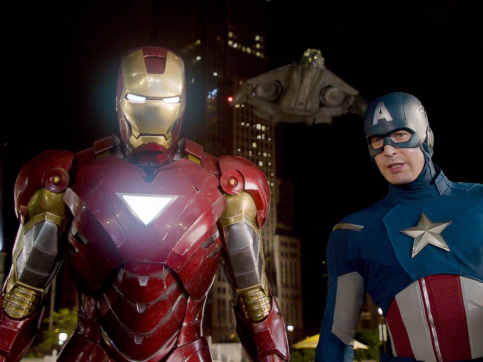 PHOTO: Iron Man, portrayed by Robert Downey Jr., left, and Captain America, portrayed by Chris Evans, in a scene from The Avengers.