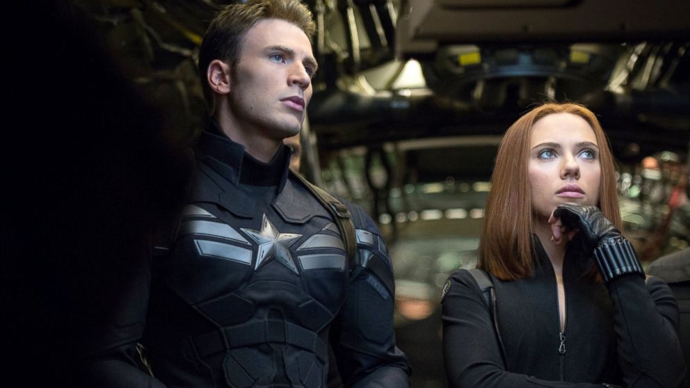 Chris Evans, left, and Scarlett Johansson in a scene from "Captain America: The Winter Soldier."