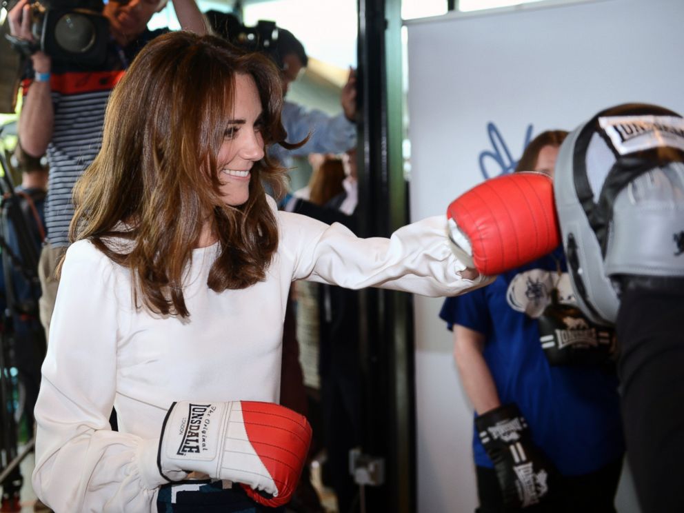 PHOTO:Kate, the Duchess of Cambridge, boxes with former boxer Duke McKenzie during the launch of Heads Together, the ambitious new campaign to end stigma on mental health, at the Olympic Park in London, May 16, 2016.