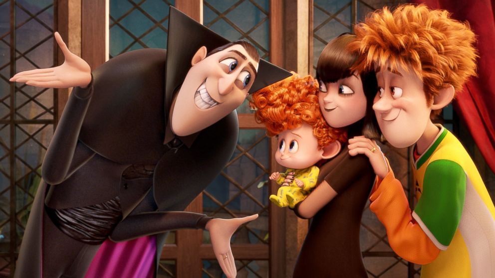 Dracula, voiced by Adam Sandler, Dennis, voiced by Asher Blinkoff, Mavis, voiced by Selena Gomez, and Jonathan, voiced by Andy Samberg appear in a scene from "Hotel Transylvania 2."