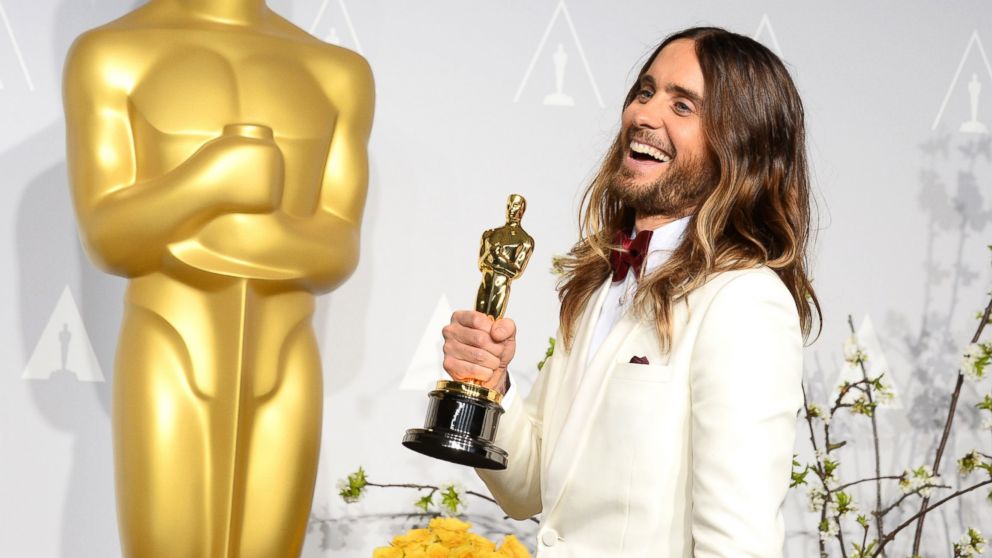 Jared Leto poses in the press room with the award for best actor in a supporting role for "Dallas Buyers Club" during the Oscars at the Dolby Theatre in Los Angeles, March 2, 2014.