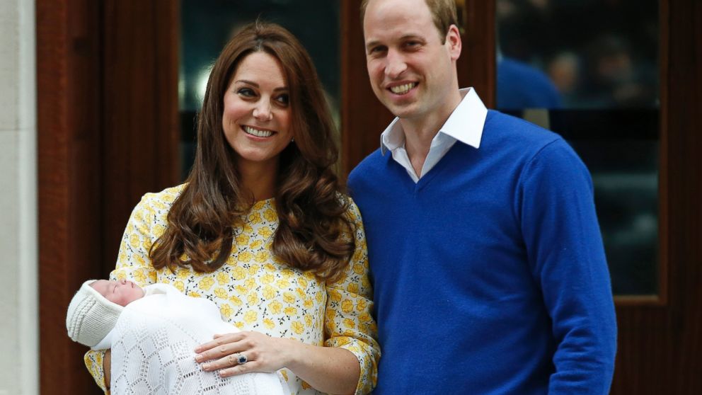 Britain's Prince William and Kate, Duchess of Cambridge and their newborn baby princess, pose for the media as they leave St. Mary's Hospital's exclusive Lindo Wing, London, Saturday, May 2, 2015.  Kate, the Duchess of Cambridge, gave birth to a baby girl on Saturday morning. 