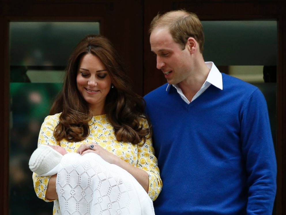 PHOTO: Britains Prince William, right, and Kate, Duchess of Cambridge, with their newborn daughter pose for the media outside St. Marys Hospitals exclusive Lindo Wing, London, Saturday, May 2, 2015.