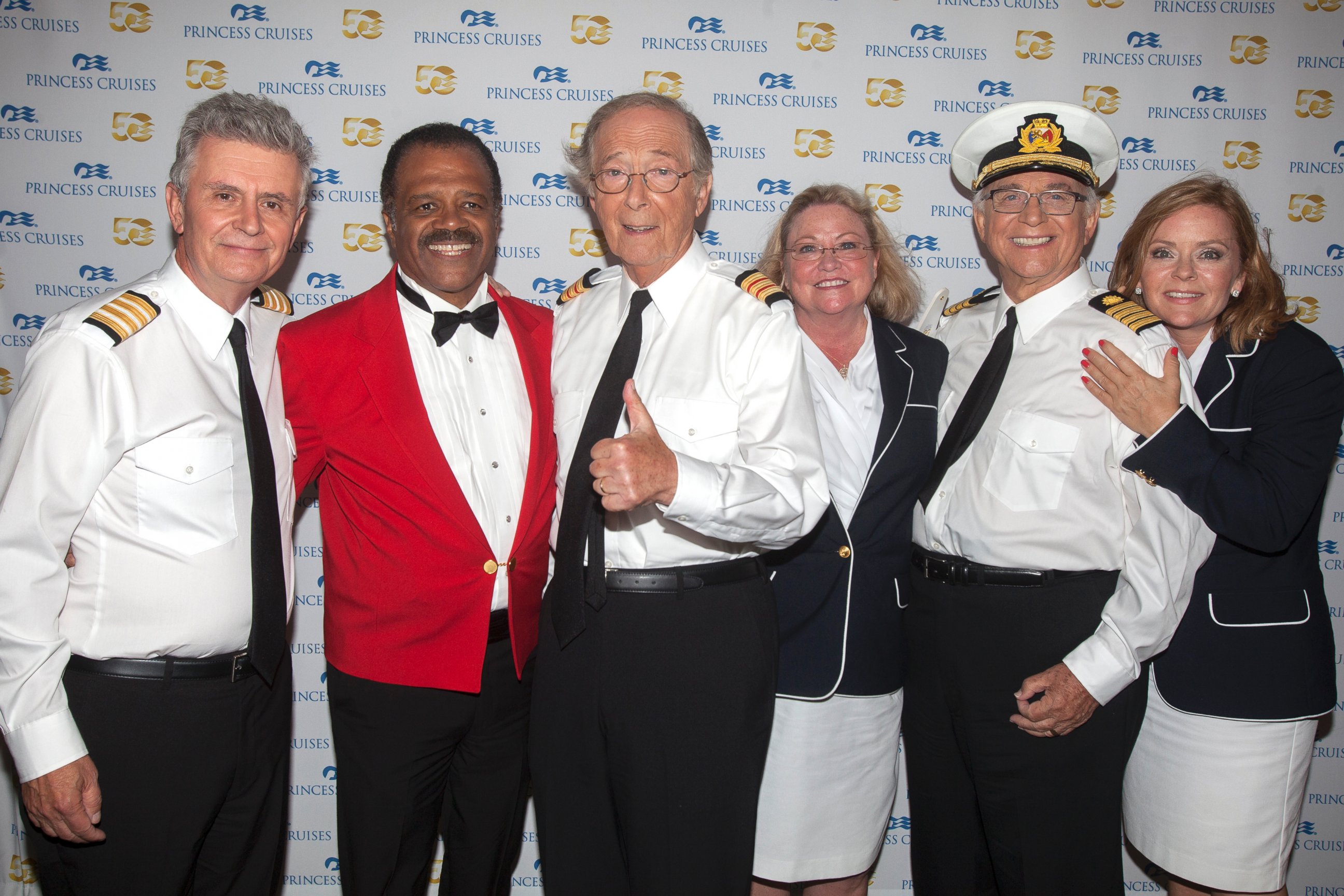 PHOTO: The original cast of The Love Boat (right to left: Jill Whelan, Gavin MacLeod, Lauren Tewes, Bernie Kopell, Ted Lange and Fred Grandy) officially christened the Regal Princess at Port Everglades in Fort Lauderdale, Fla., Nov. 5, 2014.