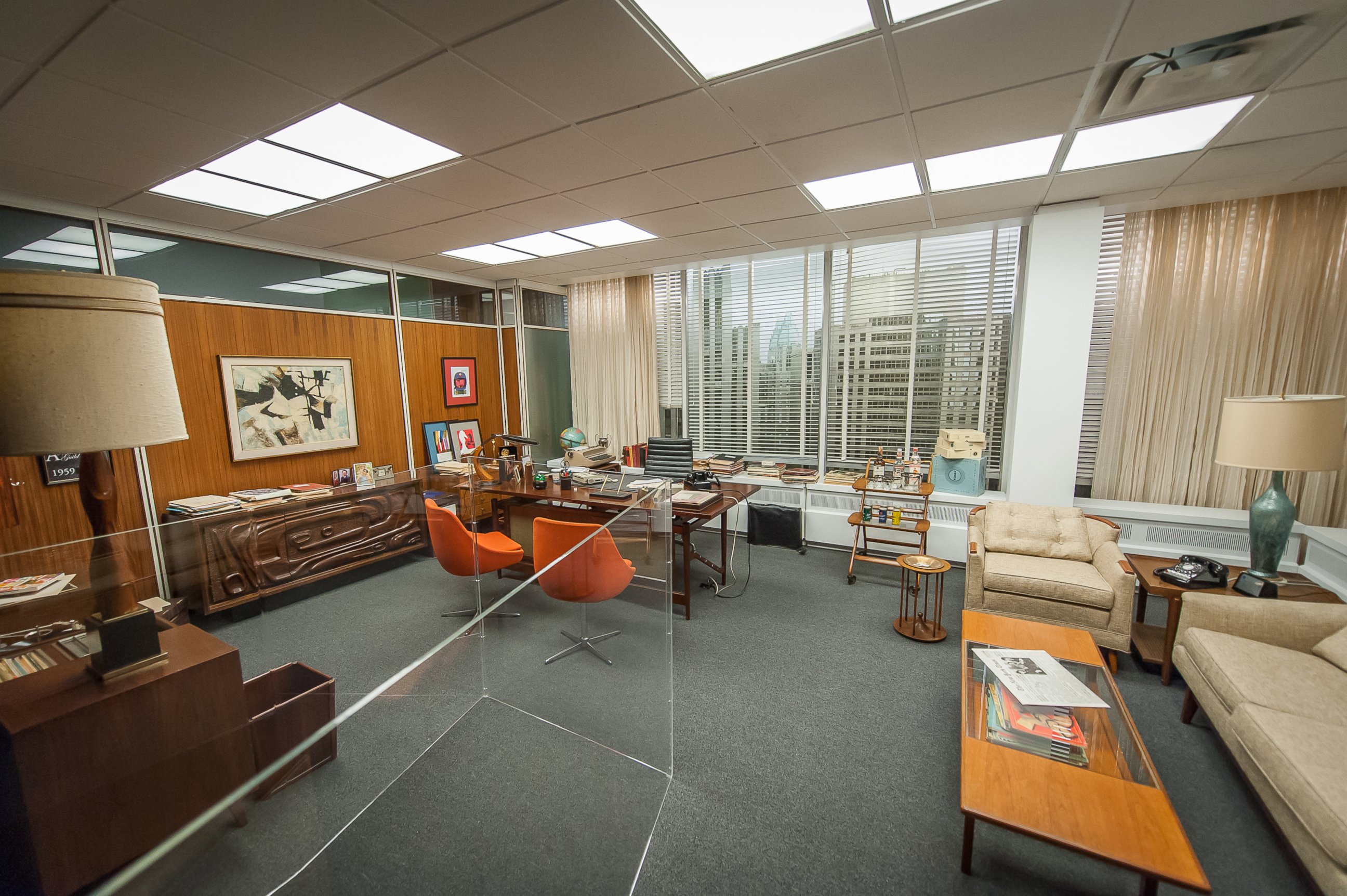 PHOTO: In this March 10, 2015, photo, the set for Don Draper's office, featured in seasons four to six of "Mad Men," is displayed as part of the exhibition, "Matthew Weiner's Mad Men," at the Museum of the Moving Image in New York. 