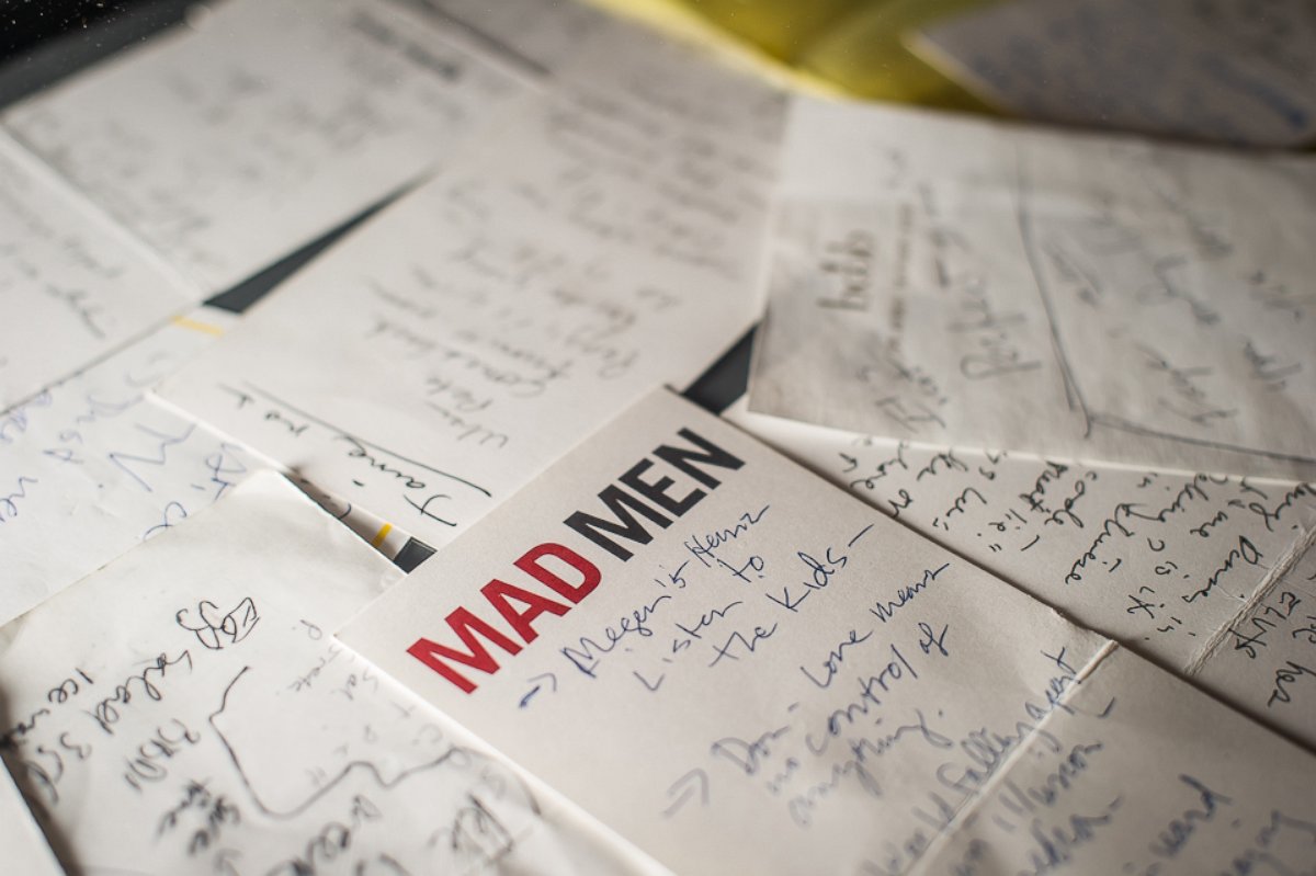 PHOTO: In this March 10, 2015, photo, notes and storylines for "Mad Men," scribbled by Matthew Weiner, are displayed as part of the exhibition, "Matthew Weiner's Mad Men," at the Museum of the Moving Image in New York.