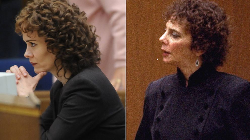 Left, Sarah Paulson portrays Marcia Clark in a scene from "The People v. O.J. Simpson: American Crime Story." Right, Marcia Clark looks on as evidence is presented to the  jury in the O.J. Simpson double murder trial, March 10, 1995. 