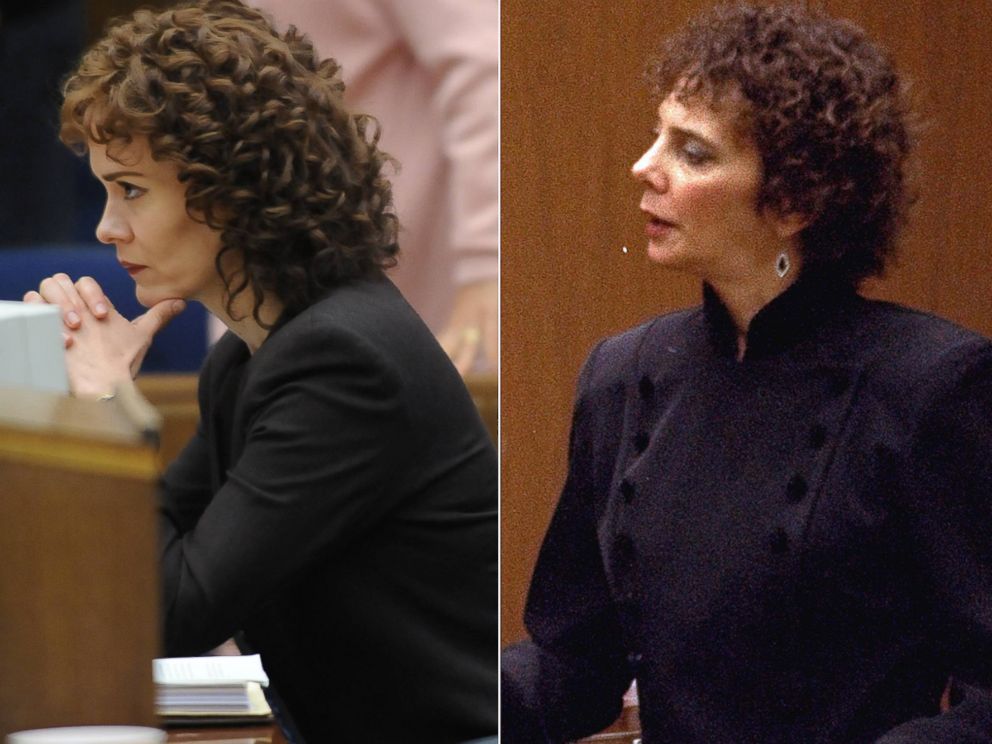 PHOTO:Left, Sarah Paulson portrays Marcia Clark in a scene from "The People v. O.J. Simpson: American Crime Story." Right, Marcia Clark looks on as evidence is presented to the  jury in the O.J. Simpson double murder trial, March 10, 1995. 
