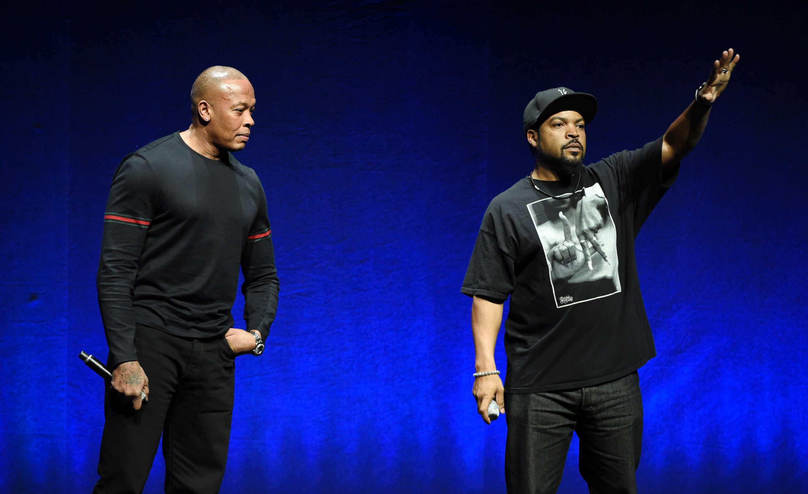 PHOTO: N.W.A. members Dr. Dre, left, and Ice Cube, appear onstage in Las Vegas, April 23, 2015.