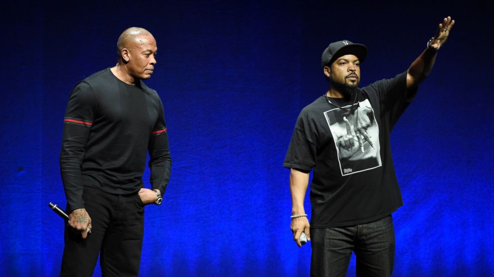 PHOTO: N.W.A. members Dr. Dre, left, and Ice Cube, appear onstage in Las Vegas, April 23, 2015.