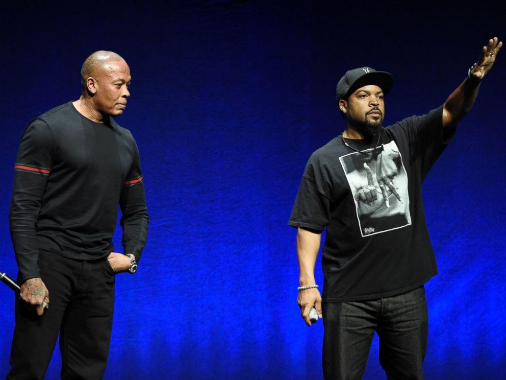 PHOTO: N.W.A. members Dr. Dre, left, and Ice Cube, appear onstage in Las Vegas, April 23, 2015.