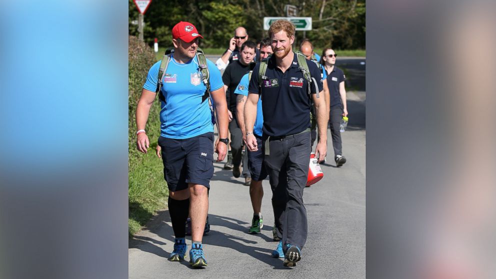 Britain's Prince Harry joins the Walking with the Wounded Walk of Britain, at Ludlow Castle, in Ludlow, England, Sept. 30, 2015. 