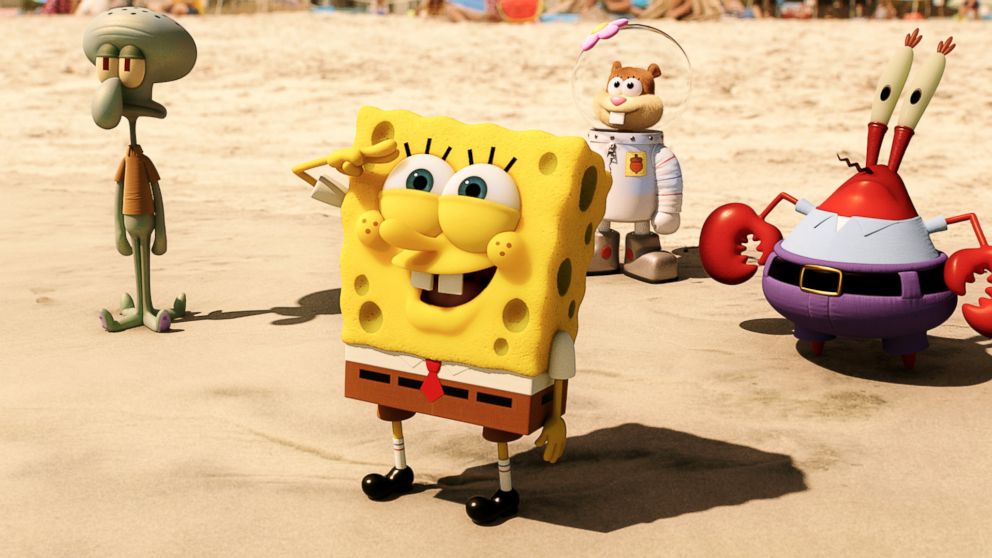 Squidward Tentacles, SpongeBob SquarePants, Sandy Cheeks, and Mr. Krabs in a scene from "The Spongebob Movie: Sponge Out of Water."