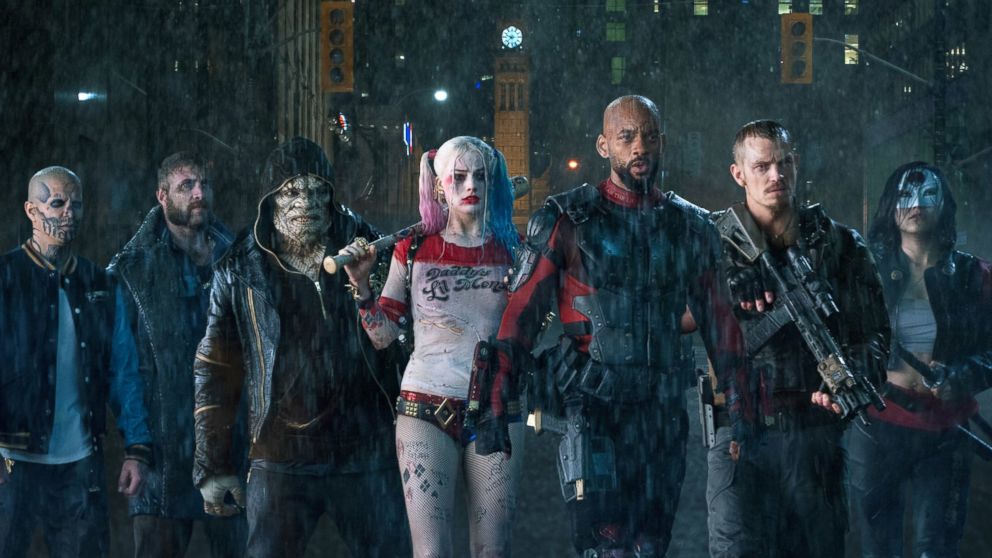 This image released by Warner Bros. Pictures shows, from left, Jay Hernandez as Diablo, Jai Courtney as Boomerang, Adewale Akinnuoye-Agbaje as Killer Croc, Margot Robbie as Harley Quinn, Will Smith as Deadshot, Joel Kinnaman as Rick Flag and Karen Fukuhara as Katana in a scene from "Suicide Squad." 