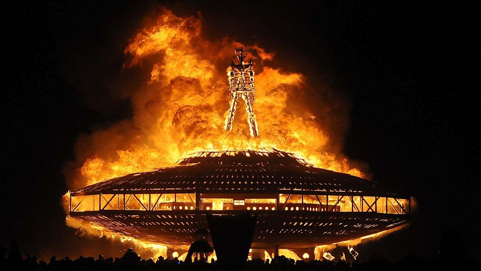 The "Man" burns on the Black Rock Desert at Burning Man near Gerlach, Nev. on Aug. 31, 2013.