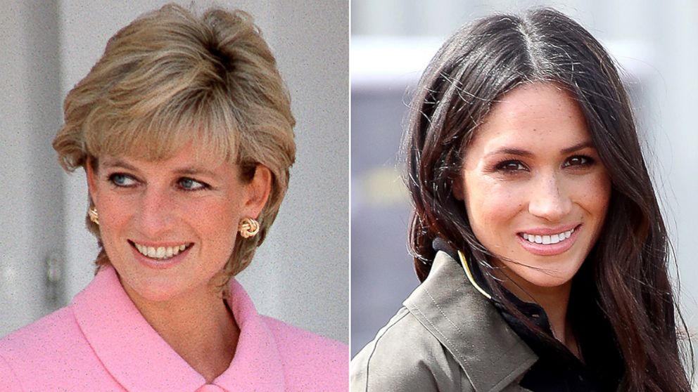 PHOTO: Princess Diana in Argentina, Nove. 24, 1995. Meghan Markle at the University of Bath Sports Training Village in Bath, England, April 6, 2018.