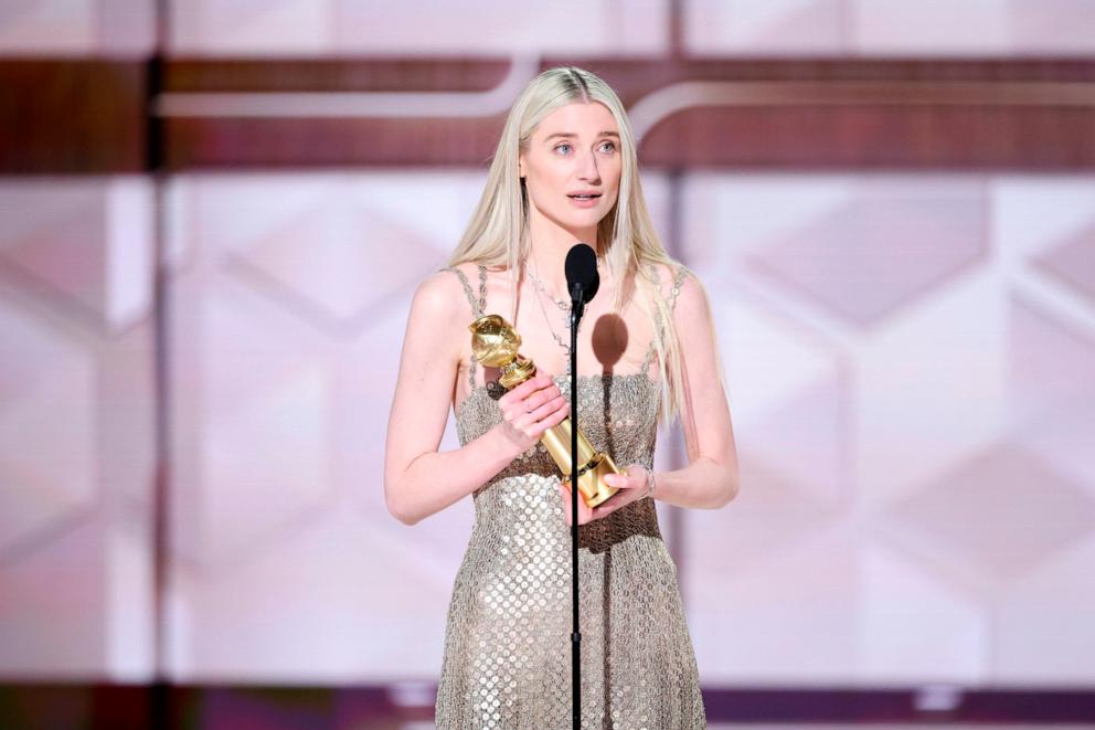 PHOTO: Elizabeth Debicki accepts the award for Best Performance by a Female Actor in a Supporting Role On Television for "The Crown" at the 81st Golden Globe Awards, Jan. 7, 2024 in Beverly Hills.