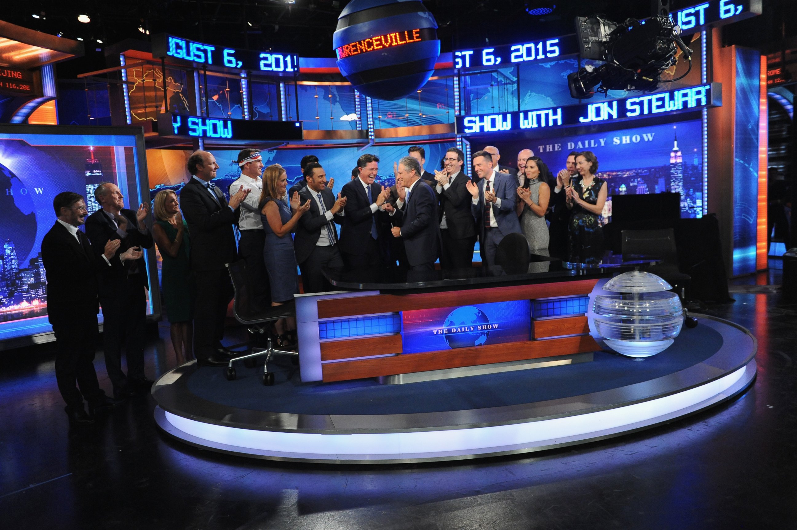 John Hodgman, Matt Walsh, Nancy Walls, Dan Bakkedahl, Rob Riggle, Samantha Bee, Aasif Mandvi, Stephen Colbert, Jon Stewart and Kristen Schaal appear on "The Daily Show with Jon Stewart" on August 6, 2015 in New York City.