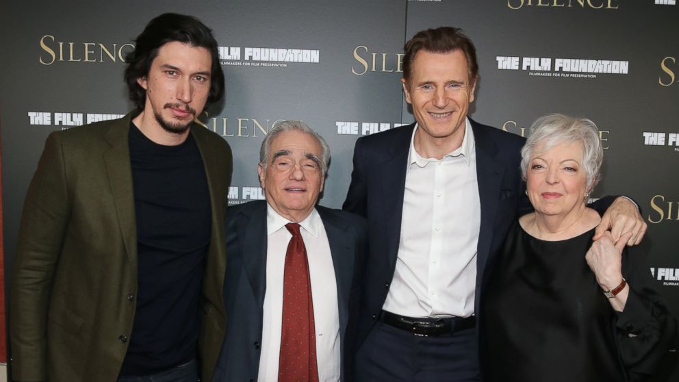 PHOTO: Adam Driver, Martin Scorsese, Liam Neeson and Thelma Schoonmaker attend the New York Screening of "Silence" at Regal E-Walk Theater, on Dec. 8, 2016, in New York City. 