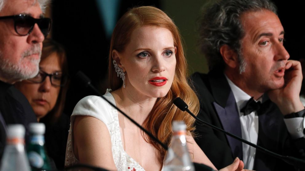PHOTO: President of the jury Pedro Almodovar, left, and jury members Jessica Chastain and Paolo Sorrentino attends the Palme D'Or winner press conference during the 70th annual Cannes Film Festival at Palais des Festivals, May 28, 2017, in Cannes, France.