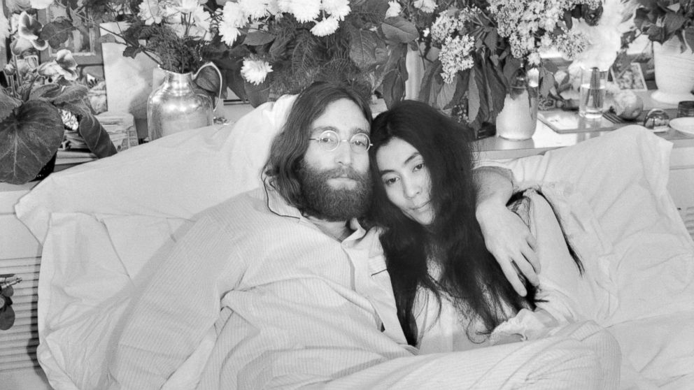 Beatle John Lennon and Yoko Ono, pose in bed in Montreal, on June 1969. His first solo album at the time featured songs telling of his love for Yoko. They held an in bed press conferences in several cities with the theme, "make love, not war." 