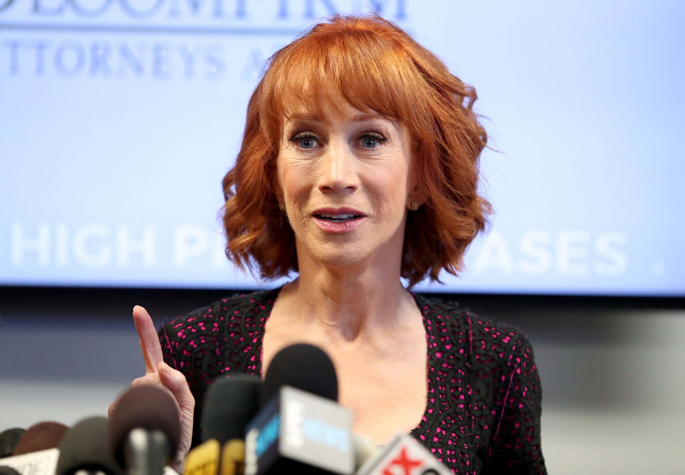 PHOTO: Kathy Griffin speaks during a press conference at The Bloom Firm, on June 2, 2017, in Woodland Hills, Calif. 