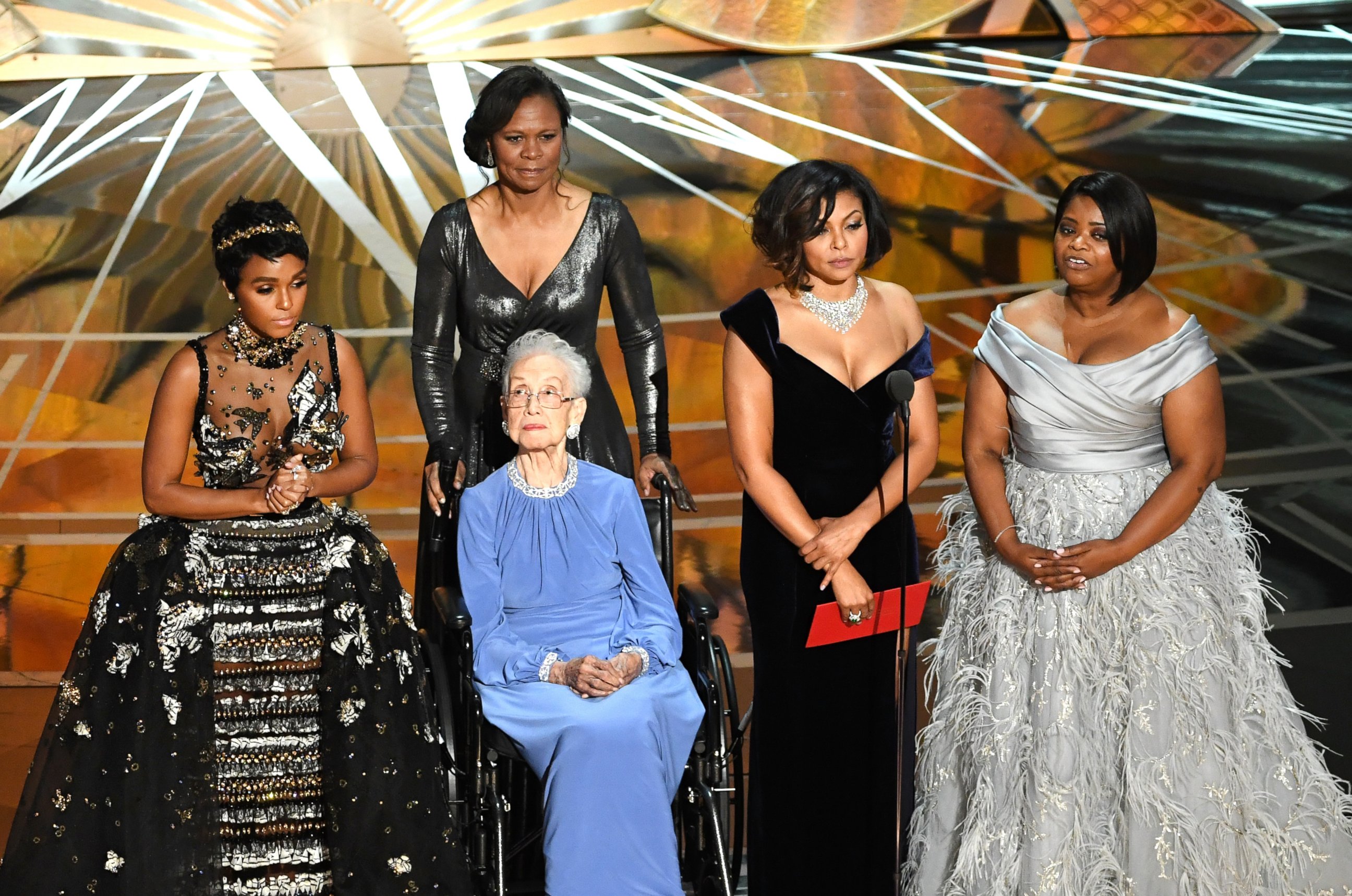 PHOTO: NASA mathematician Katherine Johnson (2nd L) appears onstage with (L-R) actors Janelle Monae, Taraji P. Henson and Octavia Spencer during the 89th Annual Academy Awards at Hollywood & Highland Center, on Feb. 26, 2017, in Hollywood, Calif. 