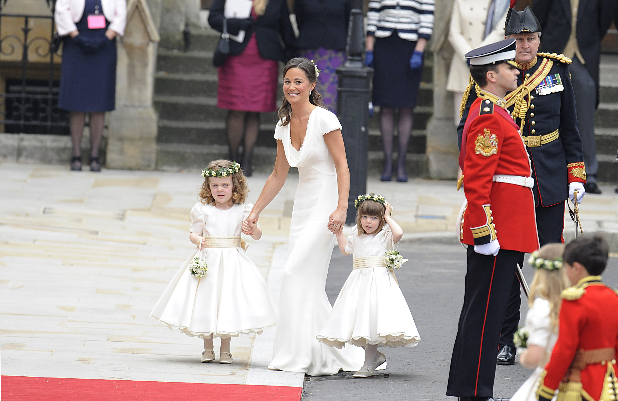 PHOTO: Pippa Middleton escorts bridesmaids before her sister Kate Middleton's marriage to Prince William upon arrival at Westminster Abbey in London, April 29, 2011. 